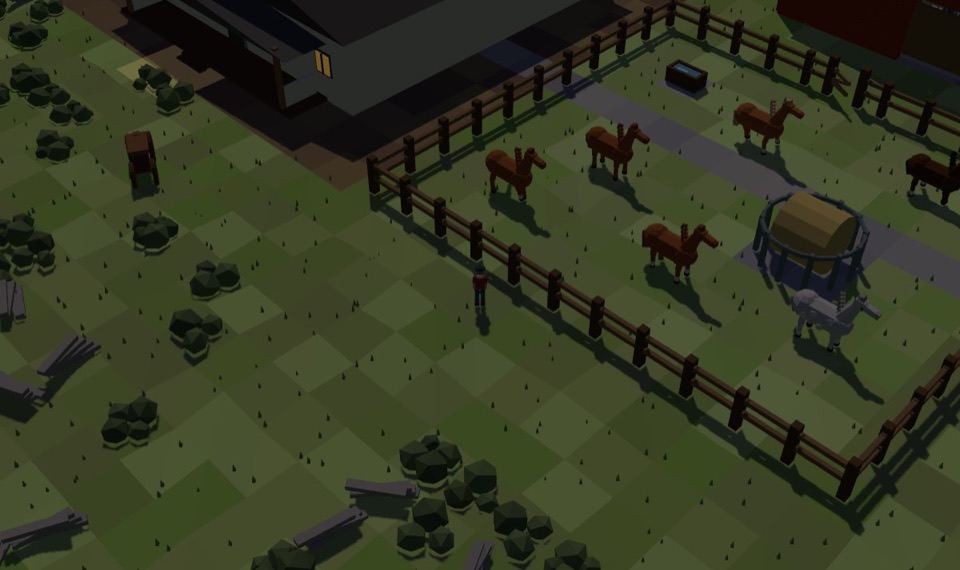 The same yard at dusk, a lamp lit in the farmhouse window and the horses still out.